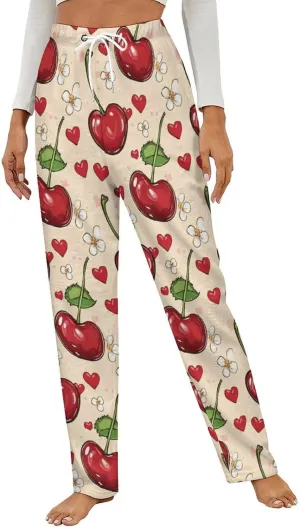 Cherry Flower Heart Women's Pajama Pants Fleece Warm Pj Bottoms Sleepwear Lounge Pants Loungewear