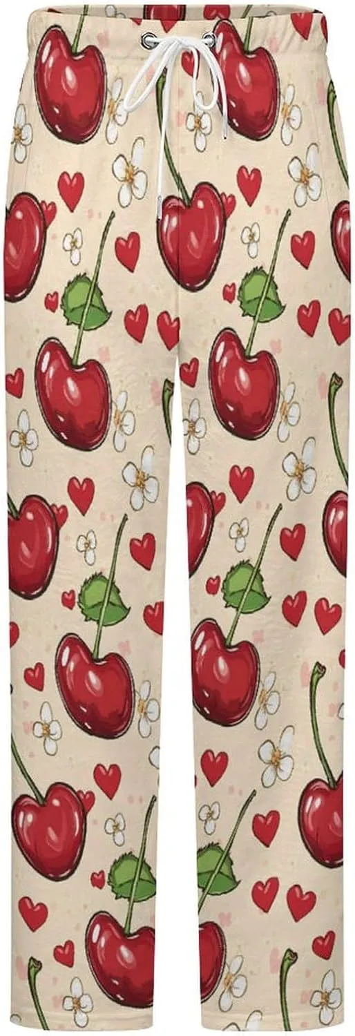 Cherry Flower Heart Women's Pajama Pants Fleece Warm Pj Bottoms Sleepwear Lounge Pants Loungewear