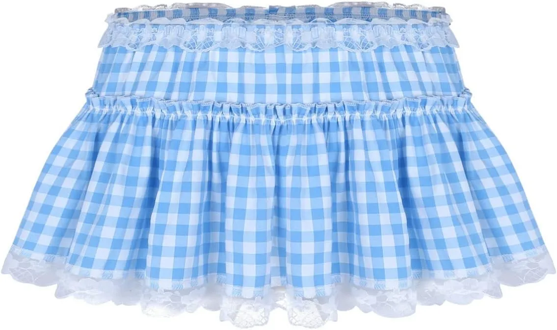 CHICTRY Men's Women Adult Short Pleated Gingham Mini Skirt Lace Frilly Ruffles Lingerie