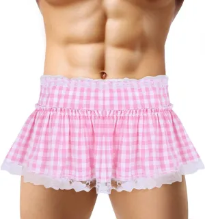 CHICTRY Men's Women Adult Short Pleated Gingham Mini Skirt Lace Frilly Ruffles Lingerie
