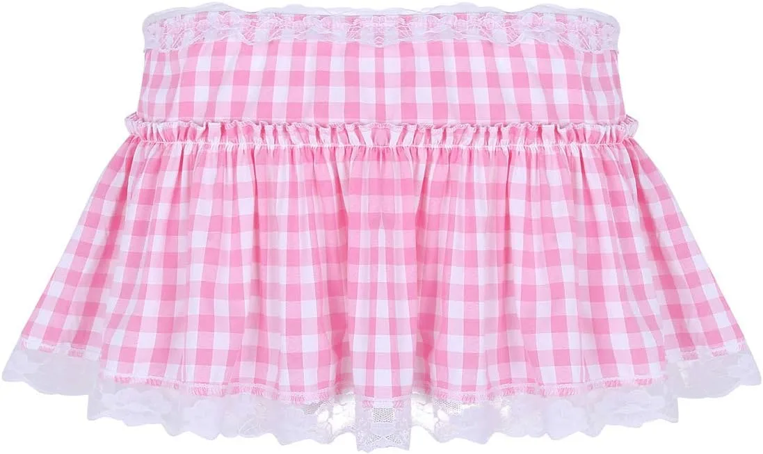 CHICTRY Men's Women Adult Short Pleated Gingham Mini Skirt Lace Frilly Ruffles Lingerie