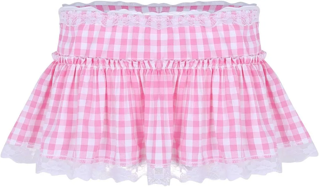 CHICTRY Men's Women Adult Short Pleated Gingham Mini Skirt Lace Frilly Ruffles Lingerie