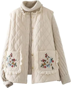 chouyatou Women's Fall Winter Floral Embroidered Button Down Cotton Quilted Puffer Down Vest Jacket Outerwear