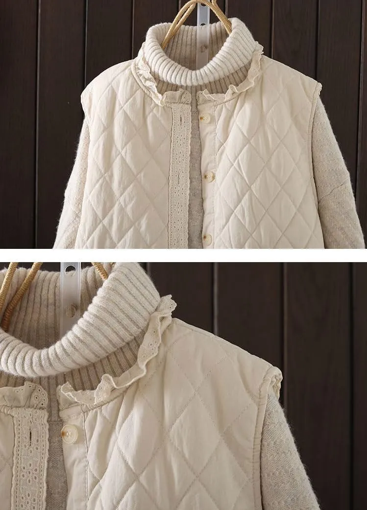 chouyatou Women's Fall Winter Floral Embroidered Button Down Cotton Quilted Puffer Down Vest Jacket Outerwear