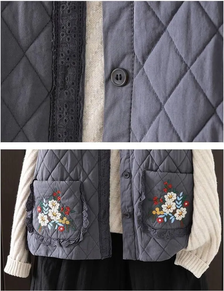 chouyatou Women's Fall Winter Floral Embroidered Button Down Cotton Quilted Puffer Down Vest Jacket Outerwear