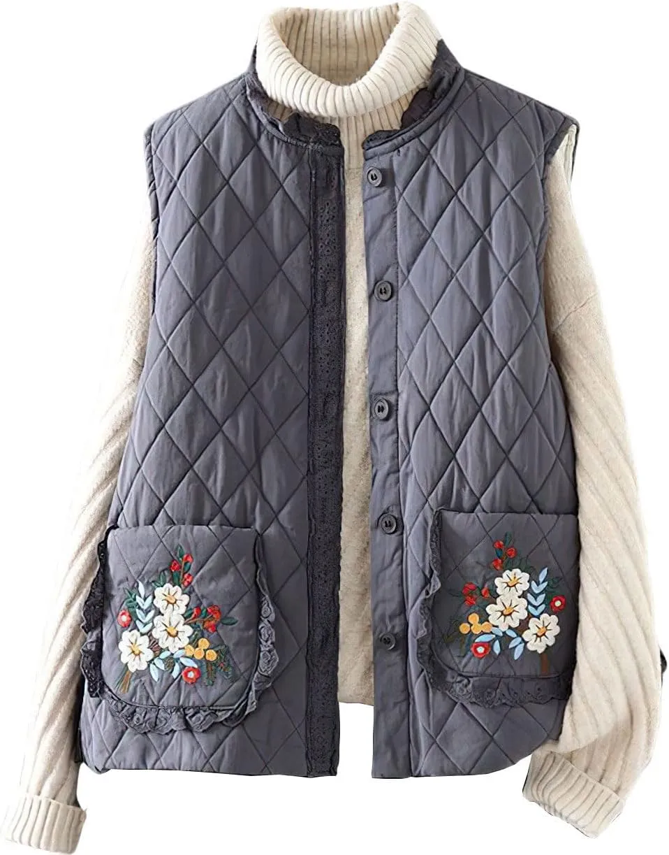chouyatou Women's Fall Winter Floral Embroidered Button Down Cotton Quilted Puffer Down Vest Jacket Outerwear