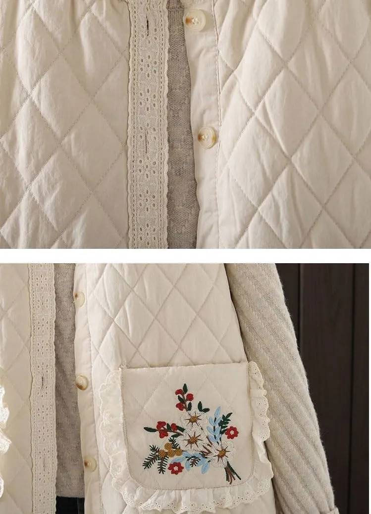 chouyatou Women's Fall Winter Floral Embroidered Button Down Cotton Quilted Puffer Down Vest Jacket Outerwear