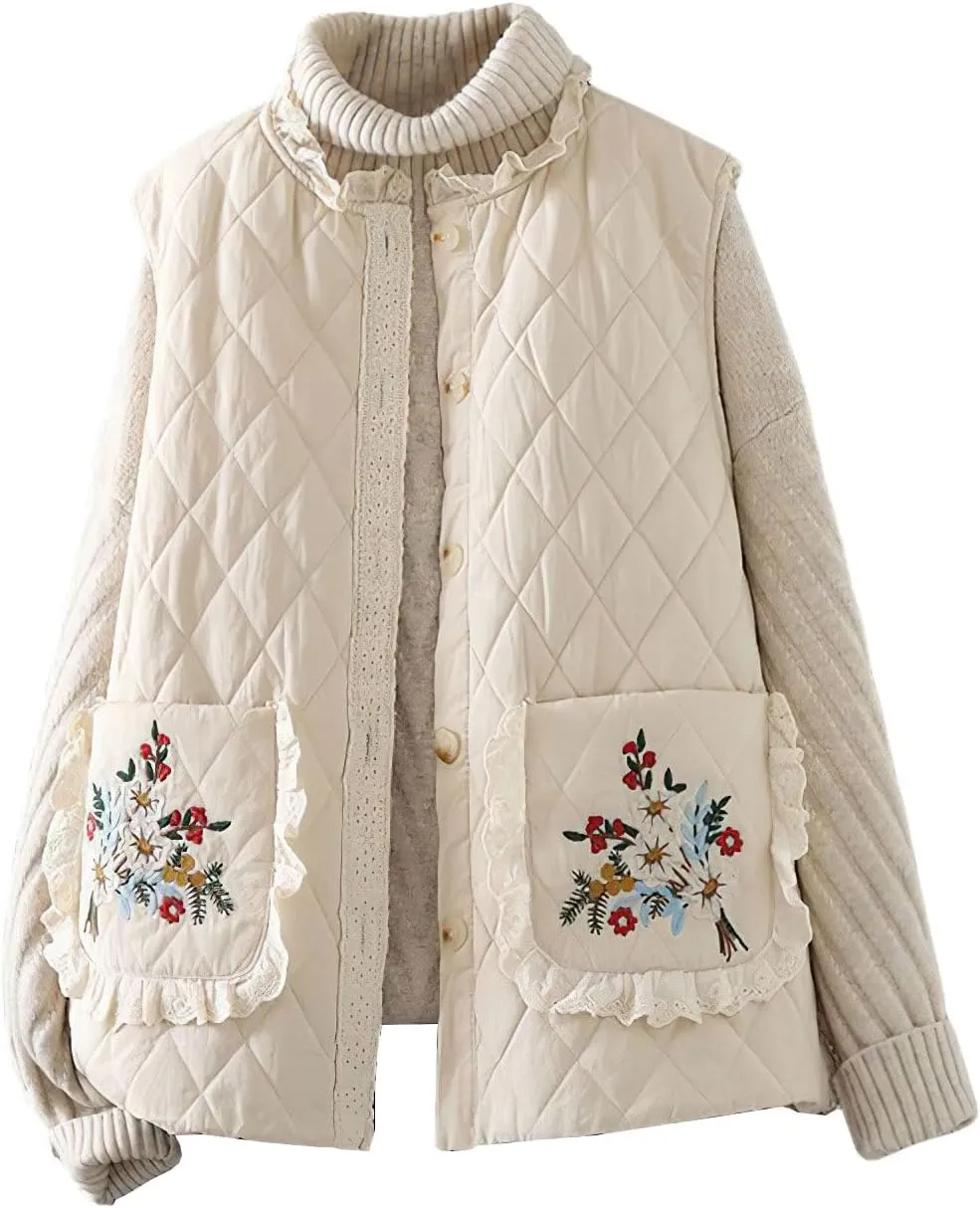chouyatou Women's Fall Winter Floral Embroidered Button Down Cotton Quilted Puffer Down Vest Jacket Outerwear