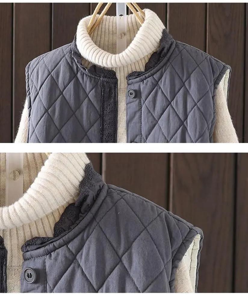 chouyatou Women's Fall Winter Floral Embroidered Button Down Cotton Quilted Puffer Down Vest Jacket Outerwear