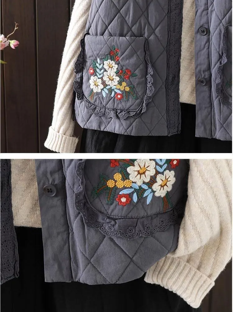 chouyatou Women's Fall Winter Floral Embroidered Button Down Cotton Quilted Puffer Down Vest Jacket Outerwear