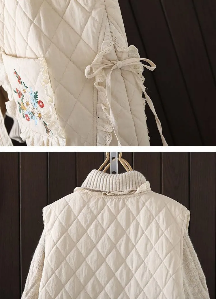 chouyatou Women's Fall Winter Floral Embroidered Button Down Cotton Quilted Puffer Down Vest Jacket Outerwear