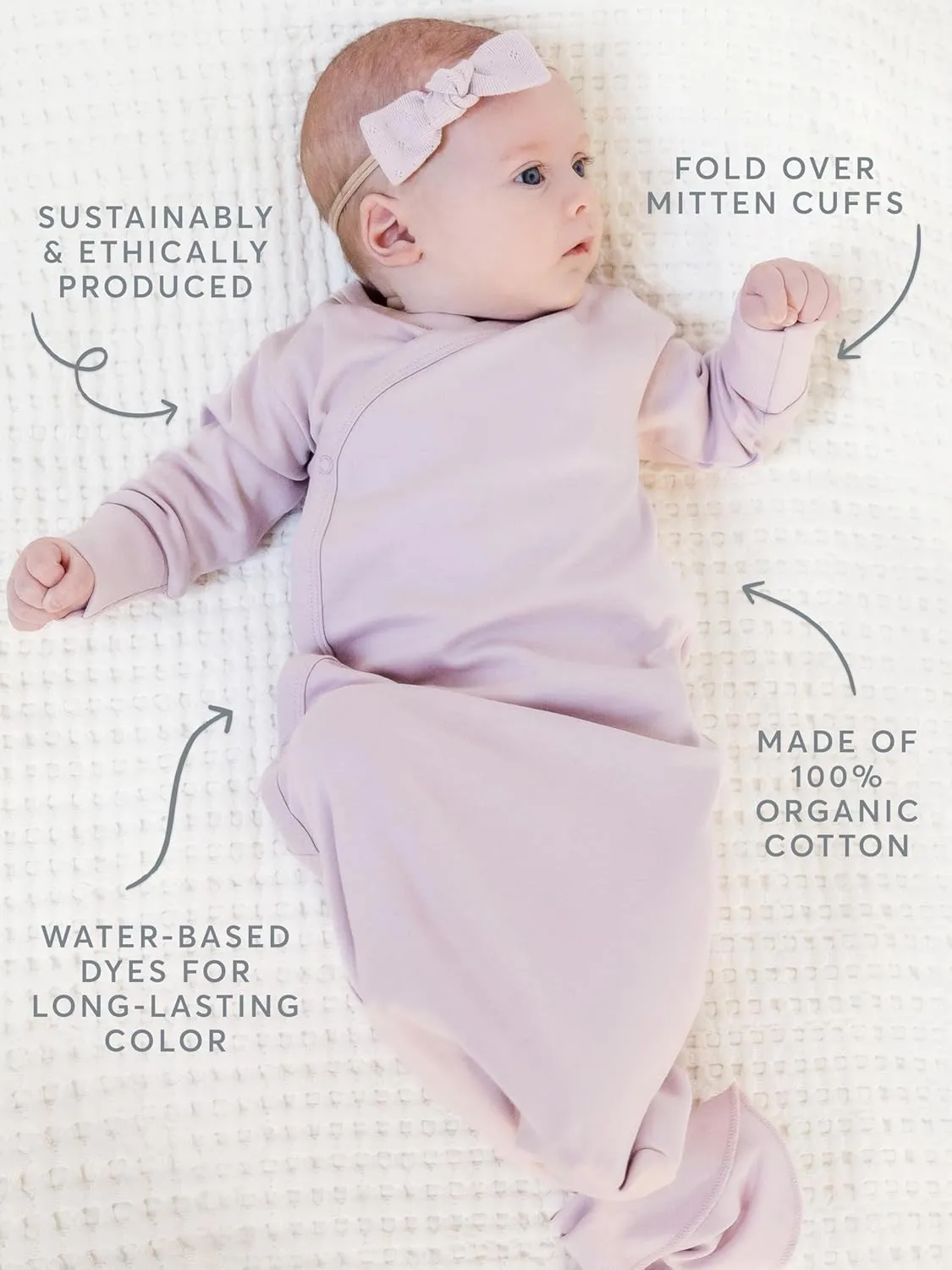 Colored Organics Baby Organic Cotton Newborn Knotted Gown - Infant Tie Gown with Mitten Cuffs - Boys and Girls Clothing