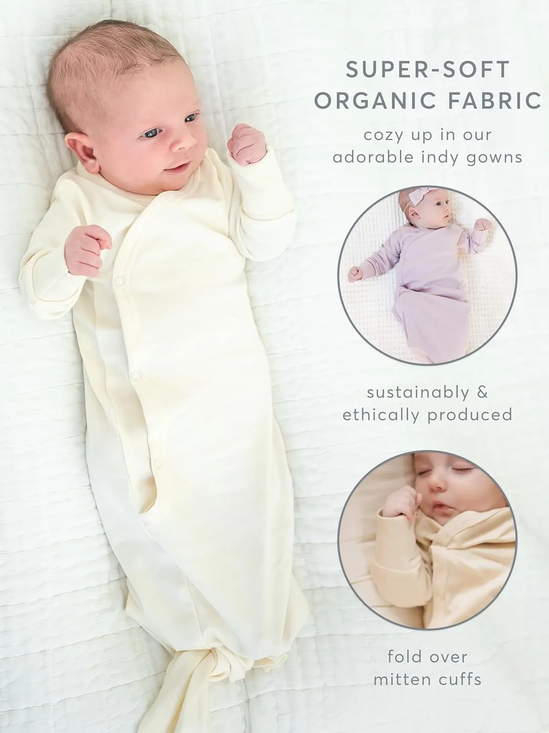 Colored Organics Baby Organic Cotton Newborn Knotted Gown - Infant Tie Gown with Mitten Cuffs - Boys and Girls Clothing
