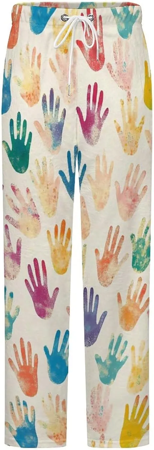 Colorful Handprint Women's Pajama Pants Fleece Warm Pj Bottoms Sleepwear Lounge Pants Loungewear