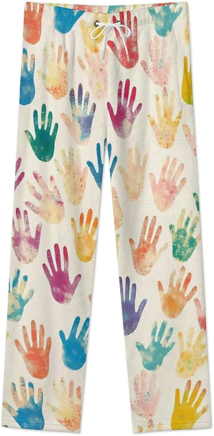 Colorful Handprint Women's Pajama Pants Fleece Warm Pj Bottoms Sleepwear Lounge Pants Loungewear