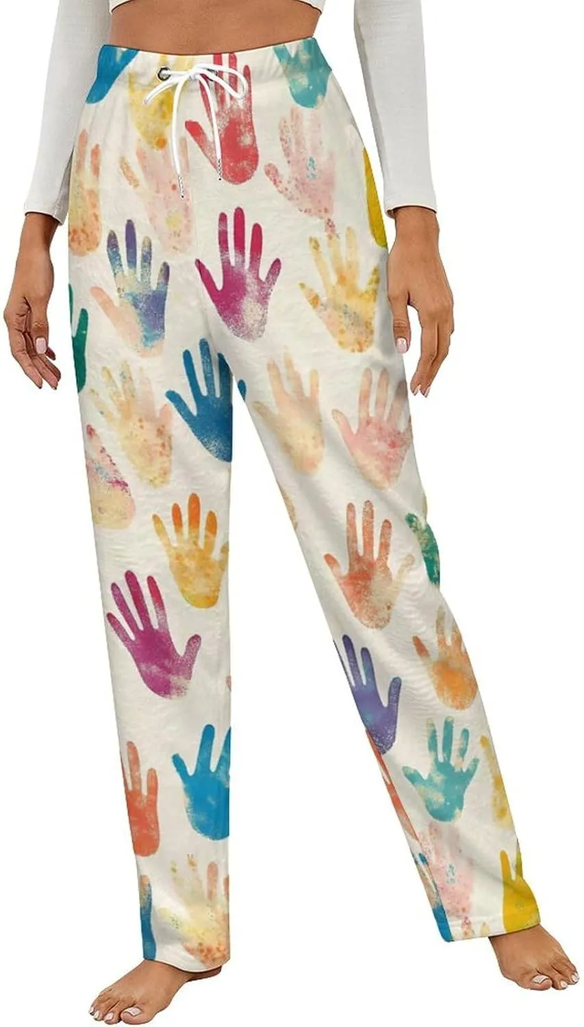 Colorful Handprint Women's Pajama Pants Fleece Warm Pj Bottoms Sleepwear Lounge Pants Loungewear
