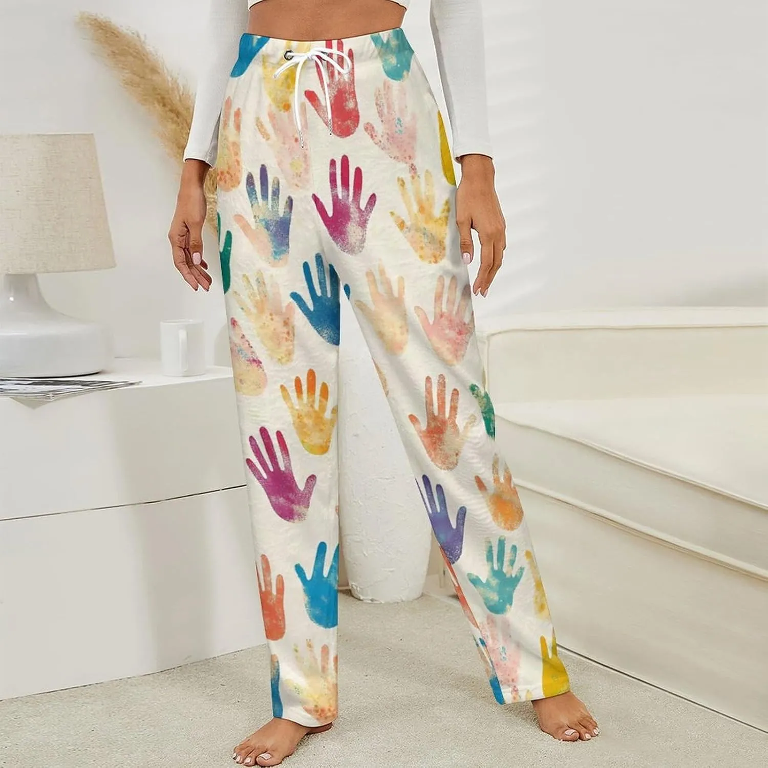 Colorful Handprint Women's Pajama Pants Fleece Warm Pj Bottoms Sleepwear Lounge Pants Loungewear