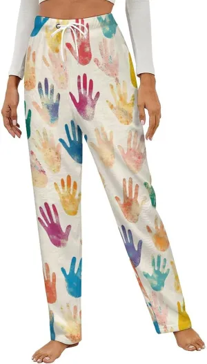 Colorful Handprint Women's Pajama Pants Fleece Warm Pj Bottoms Sleepwear Lounge Pants Loungewear