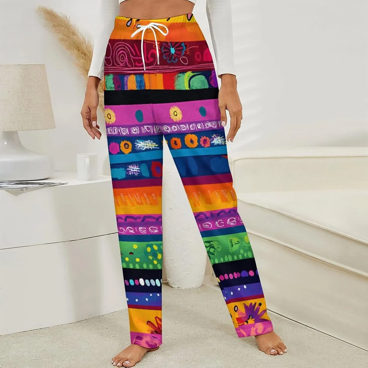 Colorful Stripe Women's Pajama Pants Fleece Warm Pj Bottoms Sleepwear Lounge Pants Loungewear