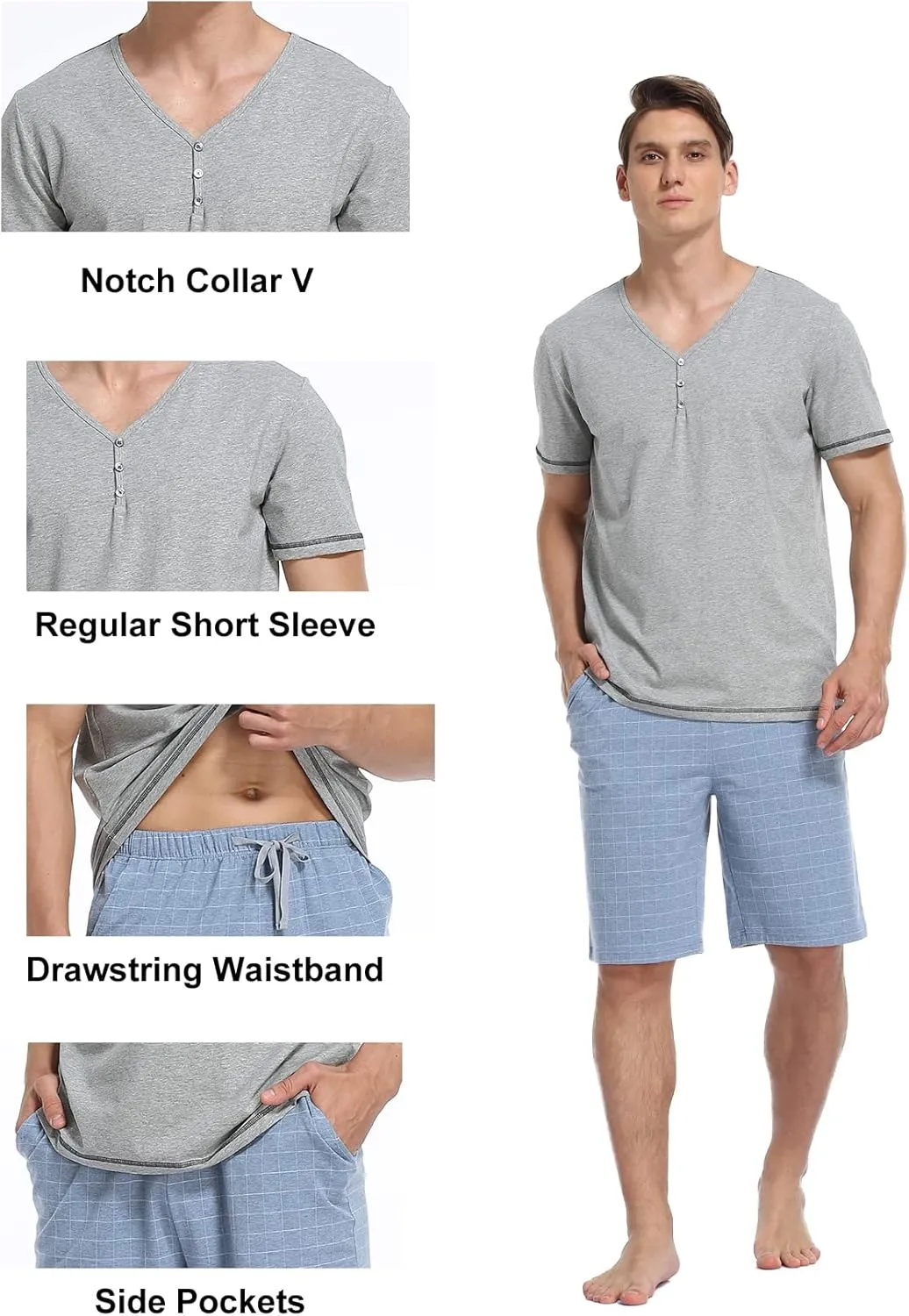 COLORFULLEAF Men's Cotton Short Sleeve Pajama Sets Button Down Notched Collar Sleepwear Soft Lounge Pjs with Pockets