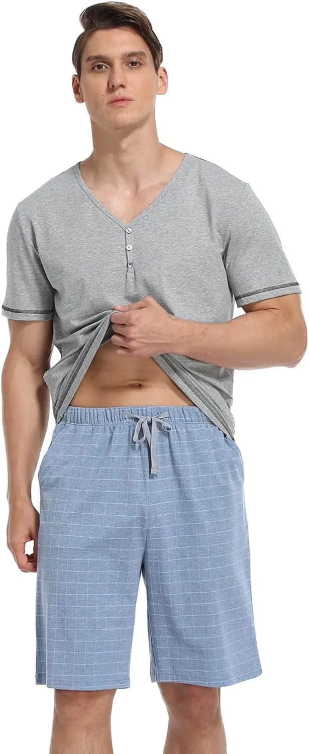 COLORFULLEAF Men's Cotton Short Sleeve Pajama Sets Button Down Notched Collar Sleepwear Soft Lounge Pjs with Pockets