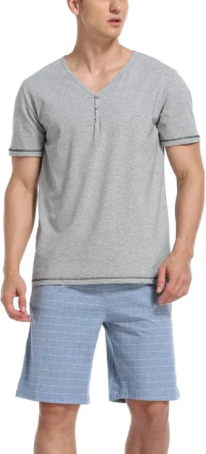 COLORFULLEAF Men's Cotton Short Sleeve Pajama Sets Button Down Notched Collar Sleepwear Soft Lounge Pjs with Pockets