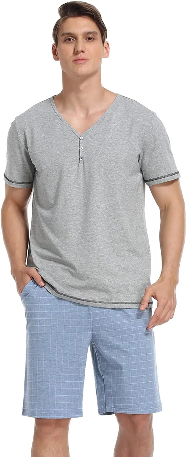 COLORFULLEAF Men's Cotton Short Sleeve Pajama Sets Button Down Notched Collar Sleepwear Soft Lounge Pjs with Pockets