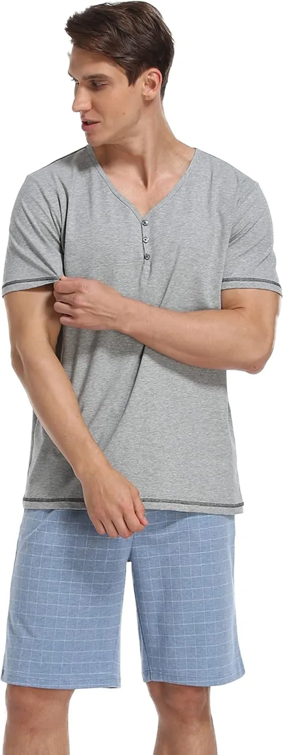COLORFULLEAF Men's Cotton Short Sleeve Pajama Sets Button Down Notched Collar Sleepwear Soft Lounge Pjs with Pockets