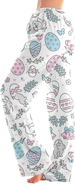 Comfy Pajama Pants for Women Drawstring Wide Leg Pj Bottoms Cute Easter Egg Bunny Print Palazzo Lounge Pants