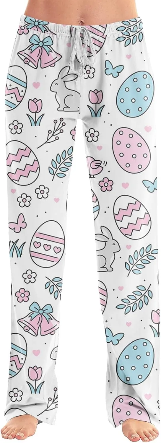 Comfy Pajama Pants for Women Drawstring Wide Leg Pj Bottoms Cute Easter Egg Bunny Print Palazzo Lounge Pants