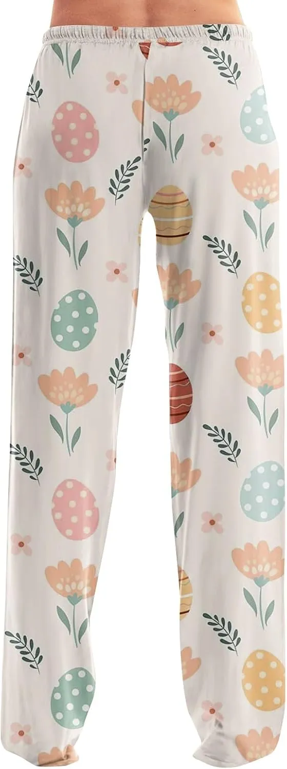 Comfy Pajama Pants for Women Drawstring Wide Leg Pj Bottoms Cute Easter Egg Bunny Print Palazzo Lounge Pants