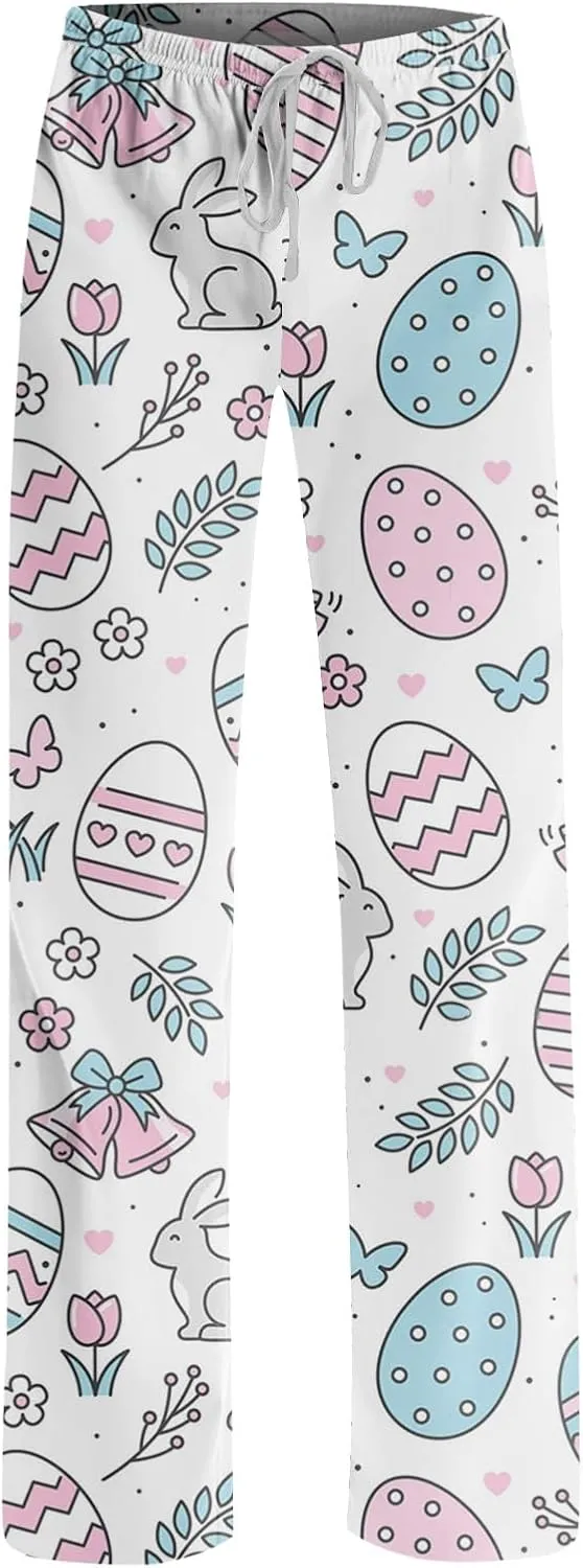 Comfy Pajama Pants for Women Drawstring Wide Leg Pj Bottoms Cute Easter Egg Bunny Print Palazzo Lounge Pants