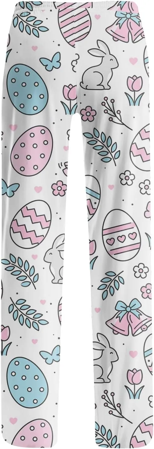 Comfy Pajama Pants for Women Drawstring Wide Leg Pj Bottoms Cute Easter Egg Bunny Print Palazzo Lounge Pants