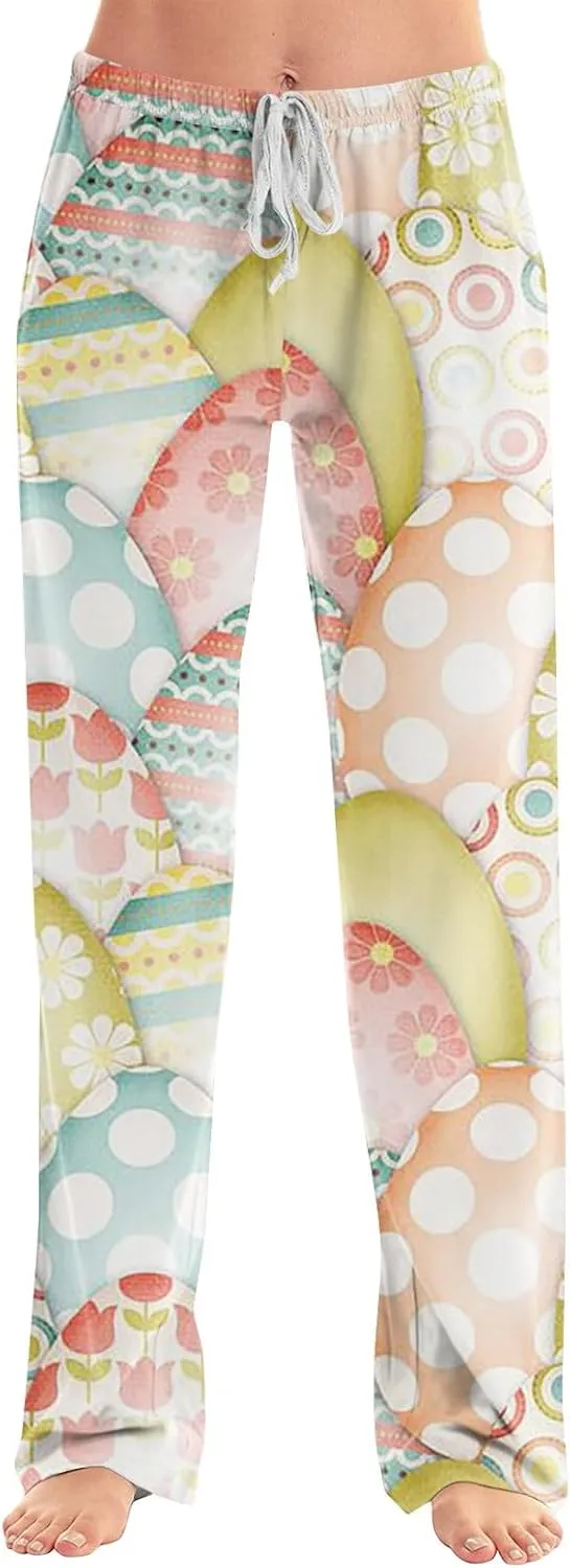 Comfy Pajama Pants for Women Drawstring Wide Leg Pj Bottoms Cute Easter Egg Bunny Print Palazzo Lounge Pants