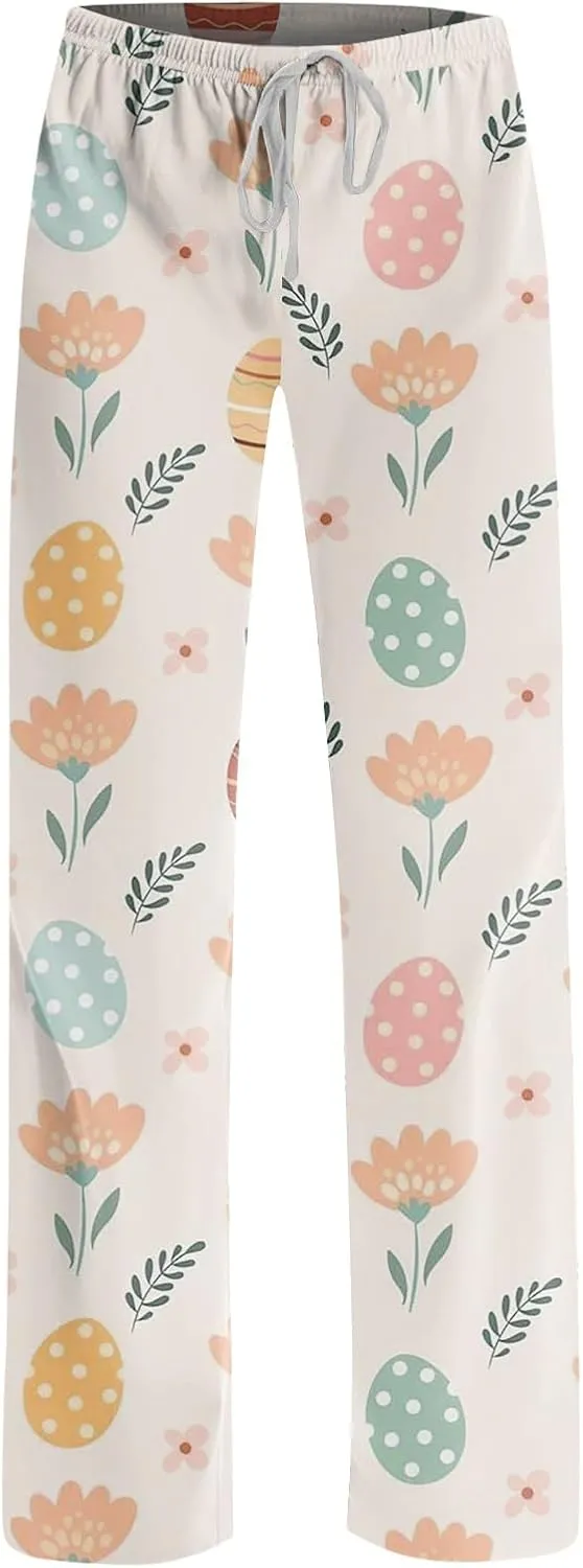 Comfy Pajama Pants for Women Drawstring Wide Leg Pj Bottoms Cute Easter Egg Bunny Print Palazzo Lounge Pants
