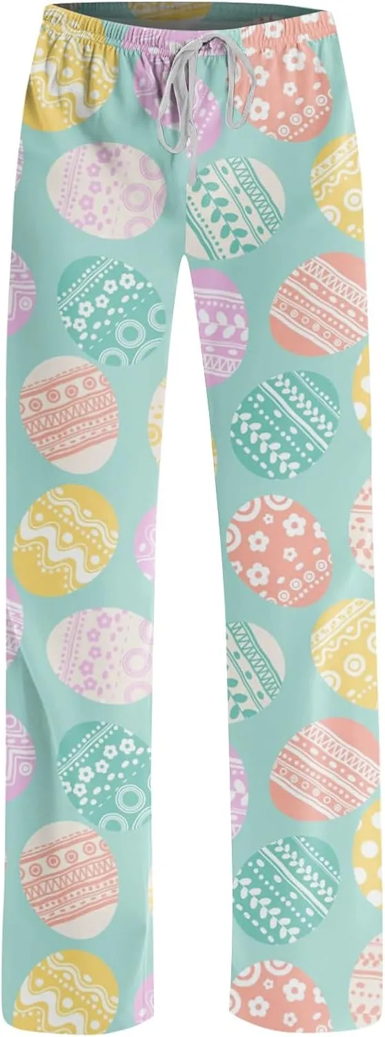 Comfy Pajama Pants for Women Drawstring Wide Leg Pj Bottoms Cute Easter Egg Bunny Print Palazzo Lounge Pants