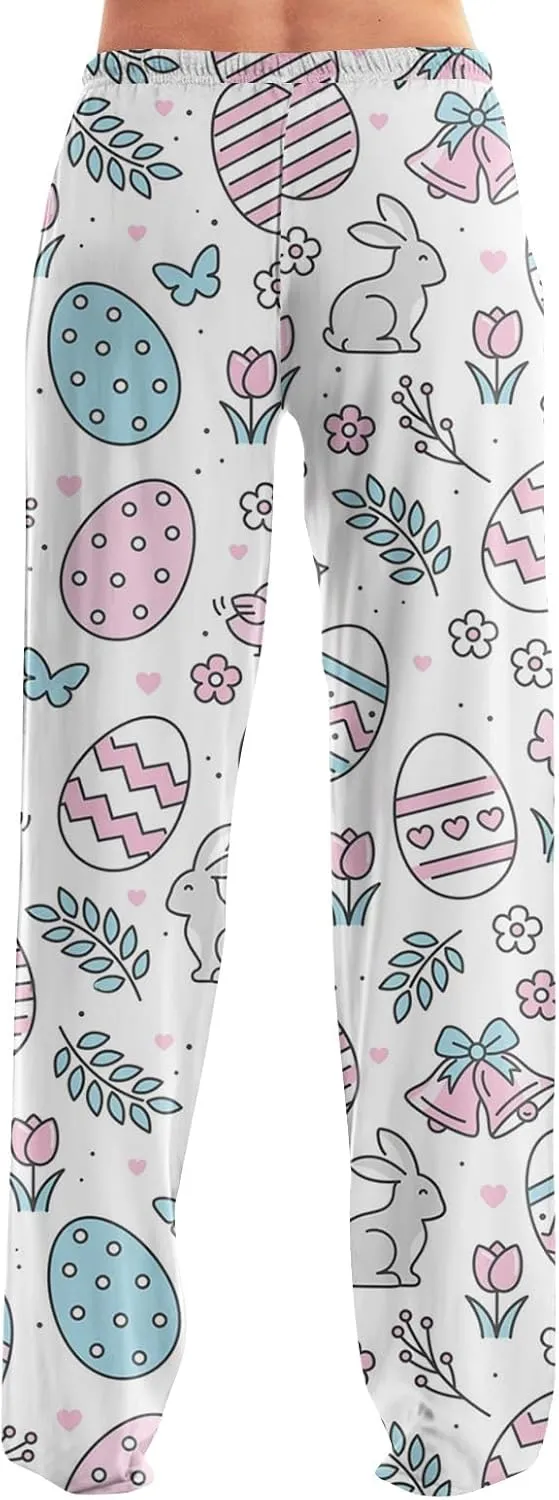 Comfy Pajama Pants for Women Drawstring Wide Leg Pj Bottoms Cute Easter Egg Bunny Print Palazzo Lounge Pants