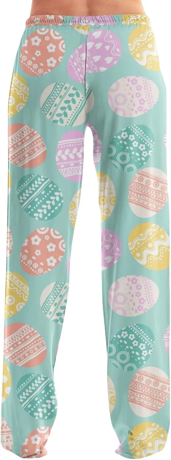 Comfy Pajama Pants for Women Drawstring Wide Leg Pj Bottoms Cute Easter Egg Bunny Print Palazzo Lounge Pants