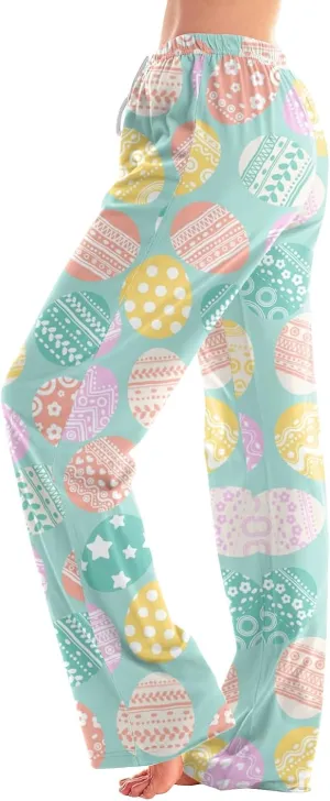 Comfy Pajama Pants for Women Drawstring Wide Leg Pj Bottoms Cute Easter Egg Bunny Print Palazzo Lounge Pants