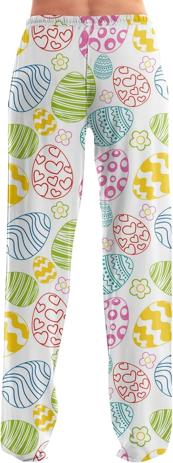 Comfy Pajama Pants for Women Drawstring Wide Leg Pj Bottoms Cute Easter Egg Bunny Print Palazzo Lounge Pants