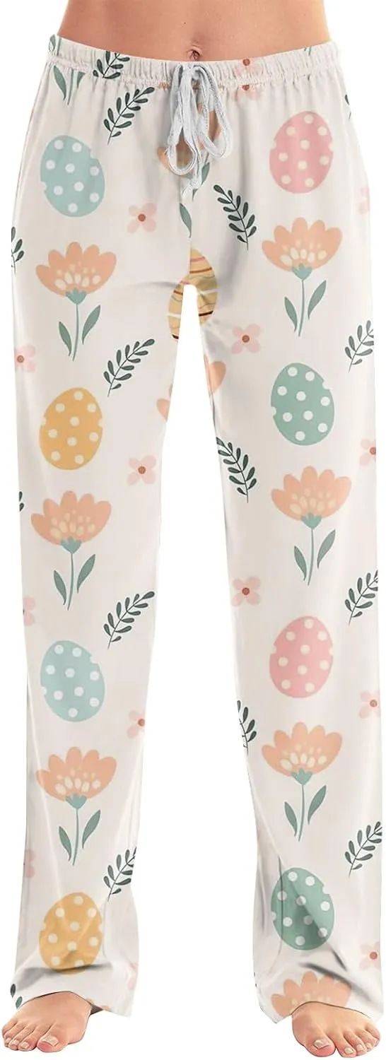 Comfy Pajama Pants for Women Drawstring Wide Leg Pj Bottoms Cute Easter Egg Bunny Print Palazzo Lounge Pants