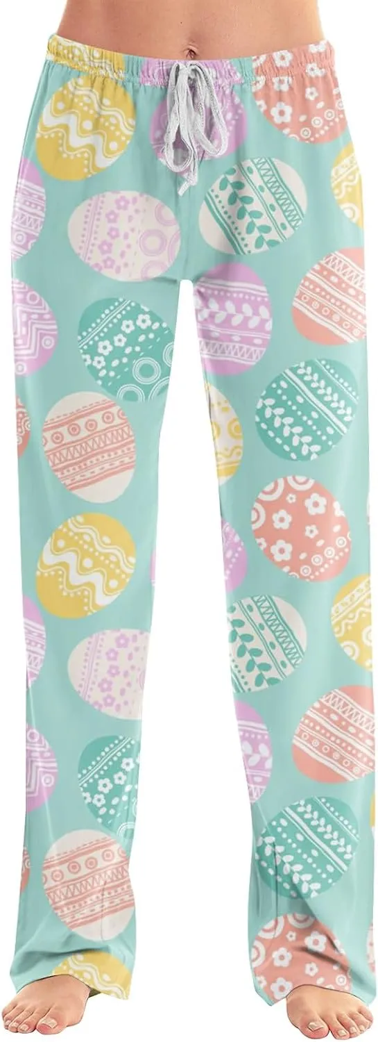 Comfy Pajama Pants for Women Drawstring Wide Leg Pj Bottoms Cute Easter Egg Bunny Print Palazzo Lounge Pants