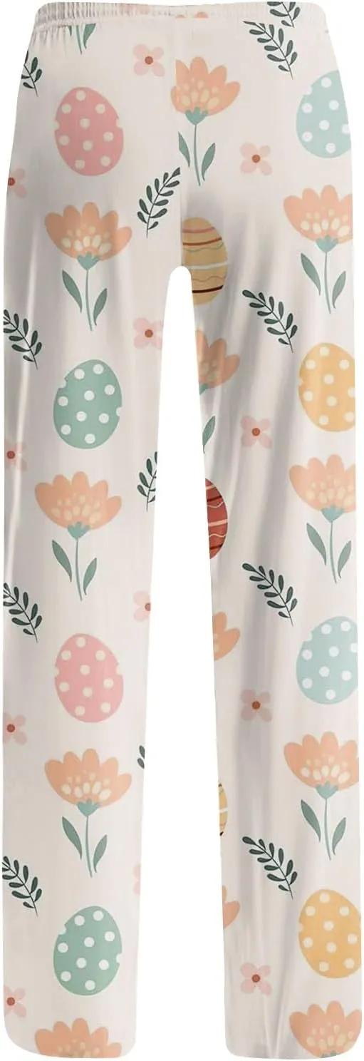 Comfy Pajama Pants for Women Drawstring Wide Leg Pj Bottoms Cute Easter Egg Bunny Print Palazzo Lounge Pants