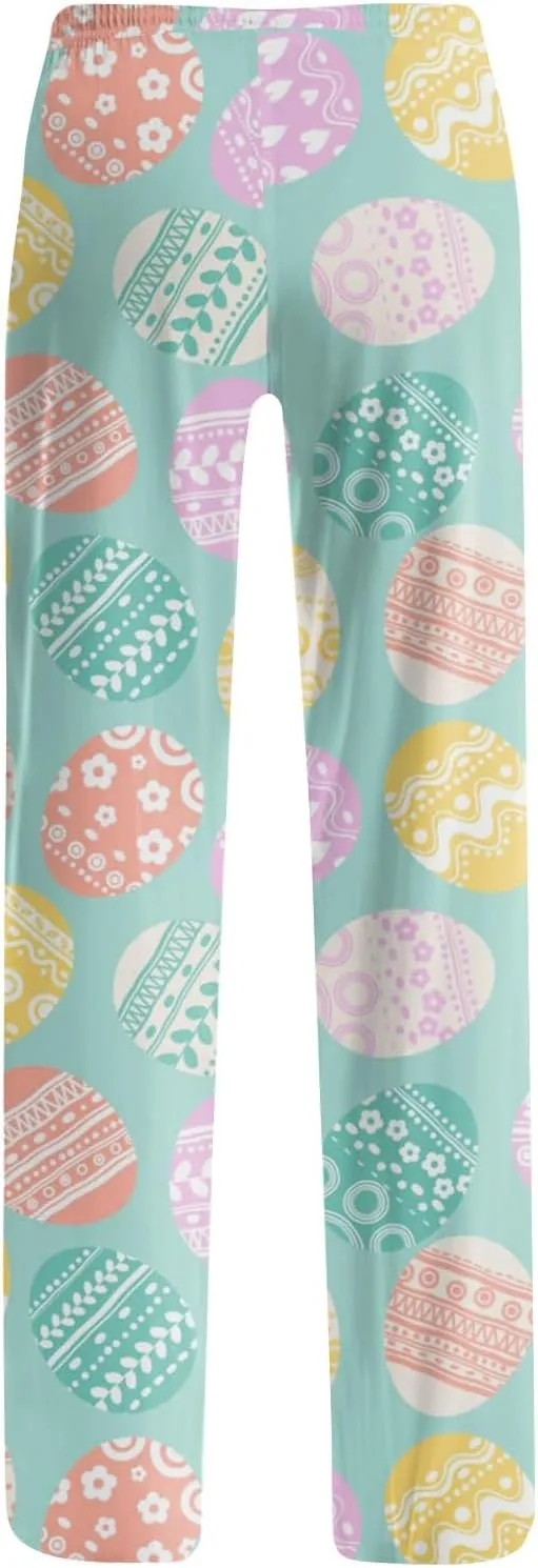Comfy Pajama Pants for Women Drawstring Wide Leg Pj Bottoms Cute Easter Egg Bunny Print Palazzo Lounge Pants
