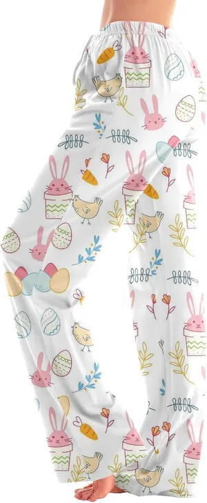 Comfy Pajama Pants for Women Drawstring Wide Leg Pj Bottoms Cute Easter Egg Bunny Print Palazzo Lounge Pants