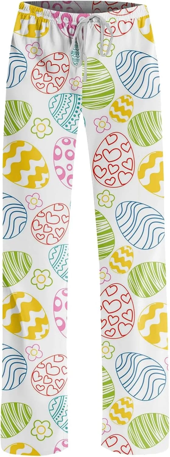 Comfy Pajama Pants for Women Drawstring Wide Leg Pj Bottoms Cute Easter Egg Bunny Print Palazzo Lounge Pants