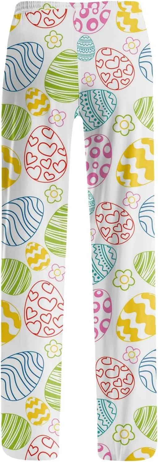 Comfy Pajama Pants for Women Drawstring Wide Leg Pj Bottoms Cute Easter Egg Bunny Print Palazzo Lounge Pants