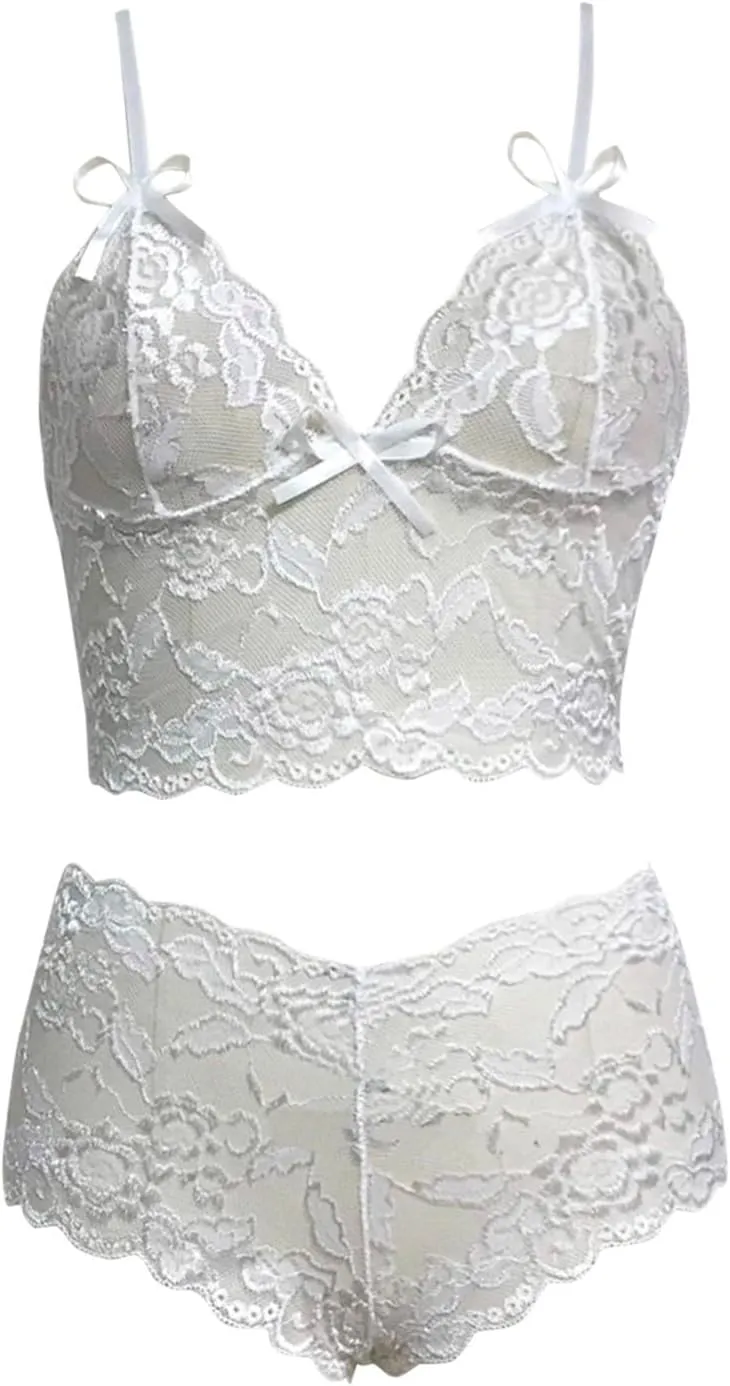 cooki Lingerie Sets for Women Sexy 2 Piece Sheer Floral Lace Bralette and Panty Underwear Plus Size Sleepwear Bra Nightwear