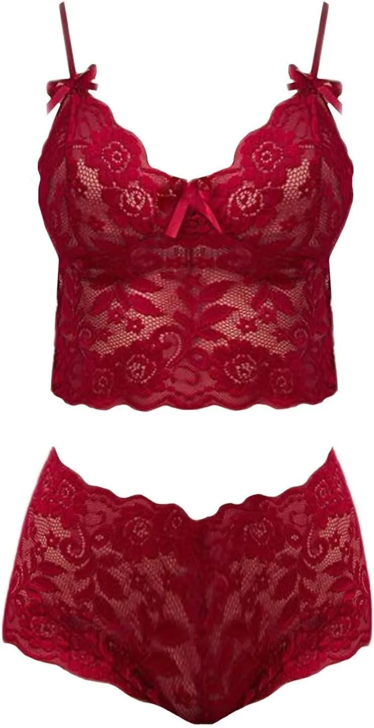 cooki Lingerie Sets for Women Sexy 2 Piece Sheer Floral Lace Bralette and Panty Underwear Plus Size Sleepwear Bra Nightwear