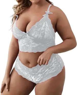 cooki Lingerie Sets for Women Sexy 2 Piece Sheer Floral Lace Bralette and Panty Underwear Plus Size Sleepwear Bra Nightwear